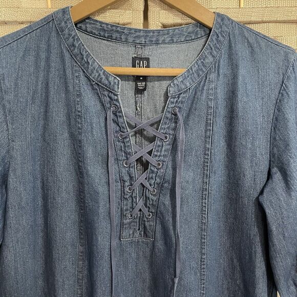 GAP Denim Dress Size M Medium Indigo Blue Lace Front 3/4 Bell Sleeve Pockets - Picture 3 of 10